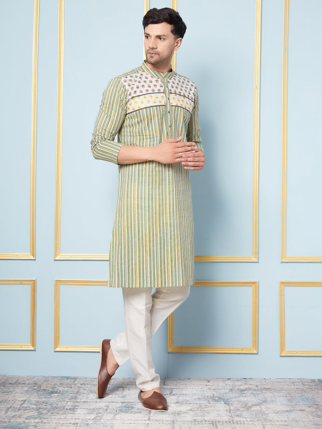 Men Multicoloured Strip Printed Kurta With pyjama