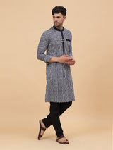 Men Black & White Pure Cotton Thread Work Straight Kurta With pyjama