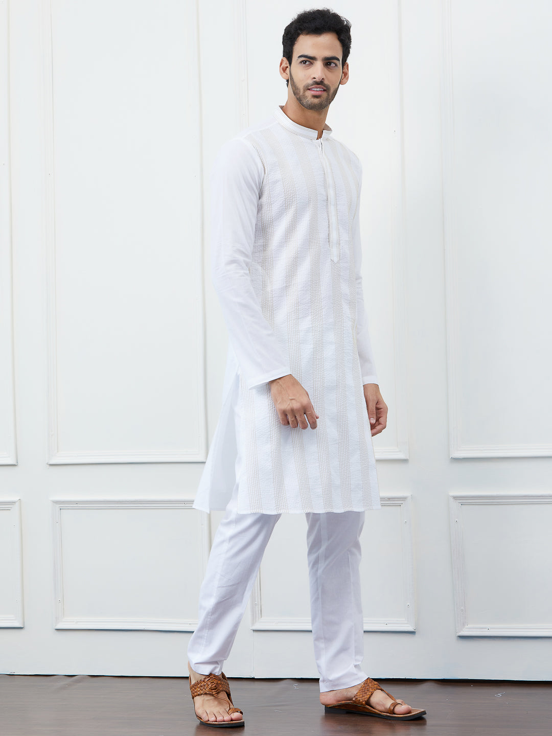 Men White Cotton Gold Thread Work Kurta With Pyjama