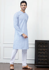 Men White And Blue Cross Pattern Chikankari Embroidered Cotton Kurta