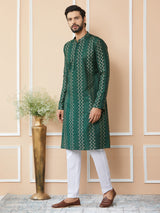 Green Embroidered Thread Work Sequinsed Chanderi Silk Straight Kurta with Pyjama