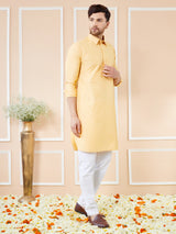 Men Yellow Cotton Solid Pathani Kurta with Pyjama