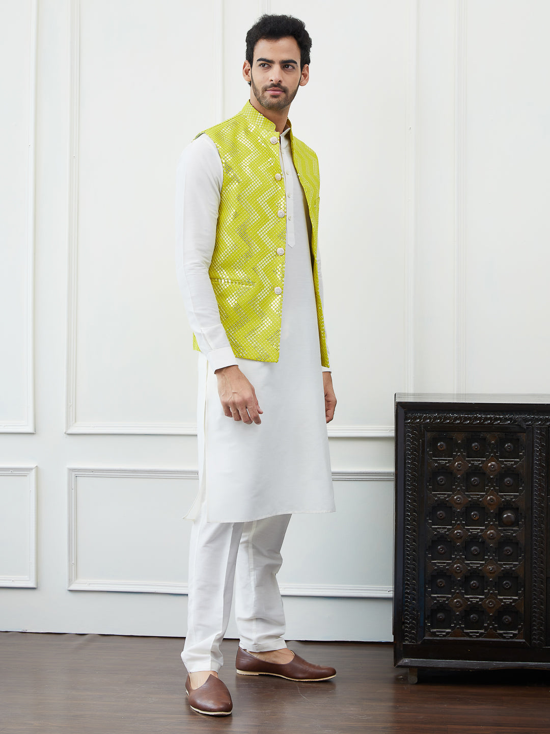 Men Lime Green Color Woven Design Thread Work Sequence Nehru Jacket