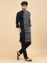 Men White And Black Ikat Printed Kurta