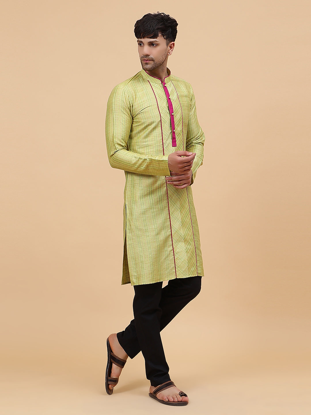 Men Lime Green Silk Woven Design Straight Kurta With pyjama