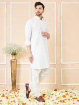 Men Off White Cotton Solid Pathani Kurta with Pyjama