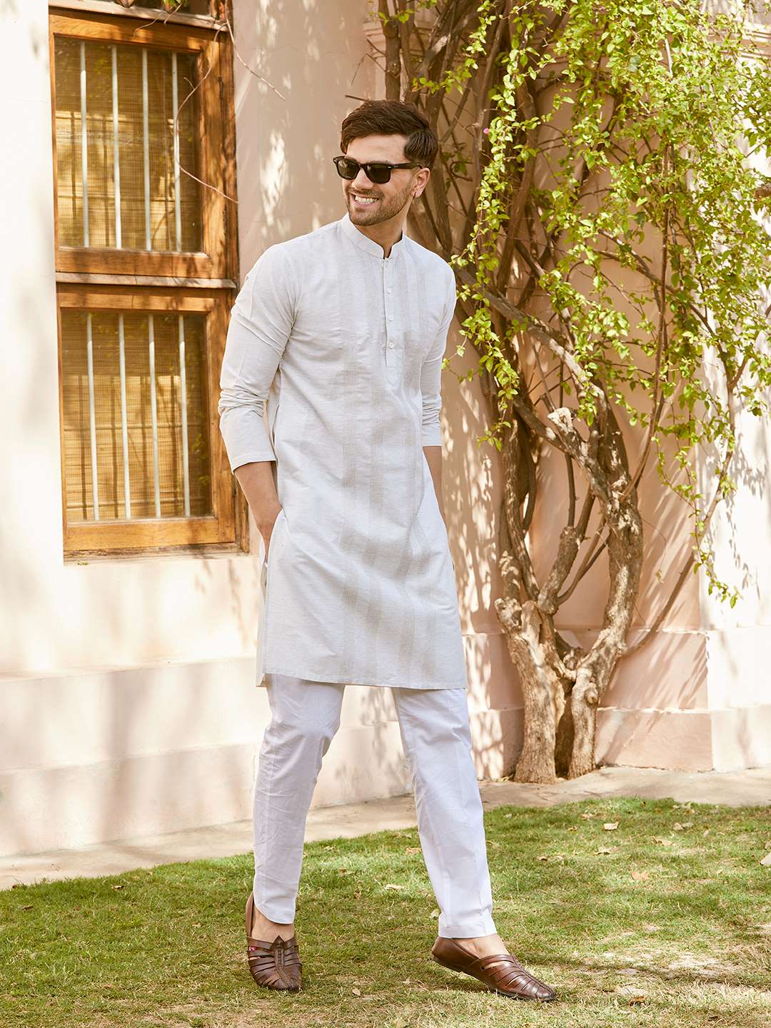 Men Cream Cotton Silk Pintex Design Thread Work Kurta With Pajama