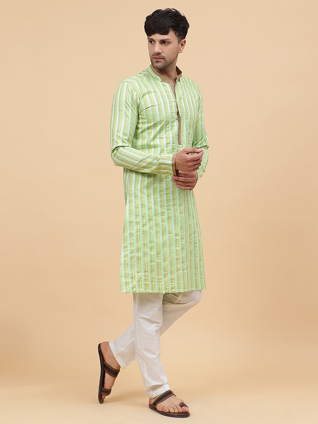 Riwaat.com Men Lime Green Silk Woven Design Straight Kurta Riwaat Mehendi Silk Woven Design