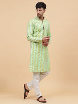 Riwaat.com Men Lime Green Silk Woven Design Straight Kurta Riwaat Mehendi Silk Woven Design