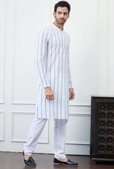 Men White And Blue Striped Chikankari Embroidered Cotton Kurta