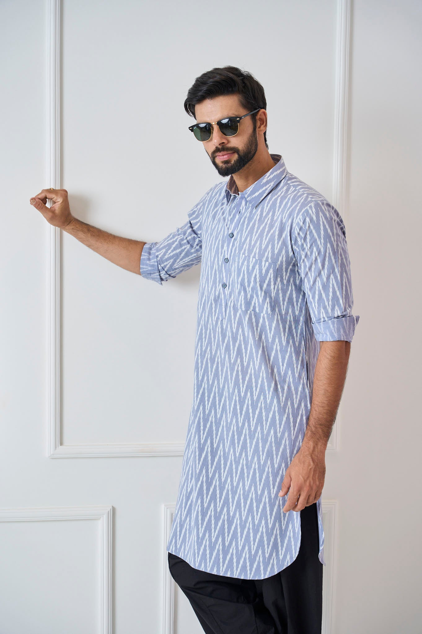 Riwaat.com Men Light Blue Regular Pure Cotton Pathani Kurta Riwaat Floral Pathani