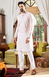 Men Blush Pink with Navy Stripes Cotton Pintex Design Sequins Kurta