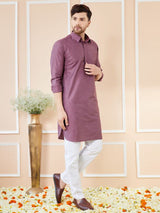 Men Purple Cotton Solid Pathani Kurta