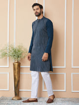 Dark Blue Thread & Sequins Worked Pure Cotton Straight Kurta with Pyjama
