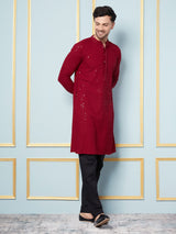 Men Crimson Majesty Embroidered Sequined Rayon Kurta