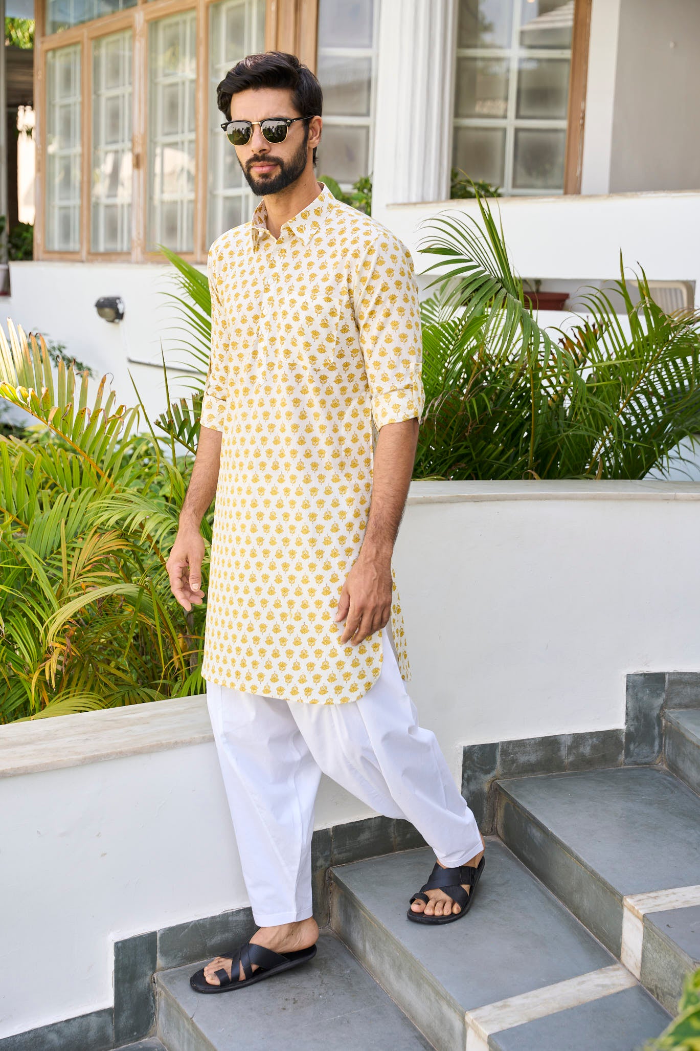 Riwaat.com Men Yellow Regular Pure Cotton Pathani Kurta Riwaat Floral Haldi Pathani