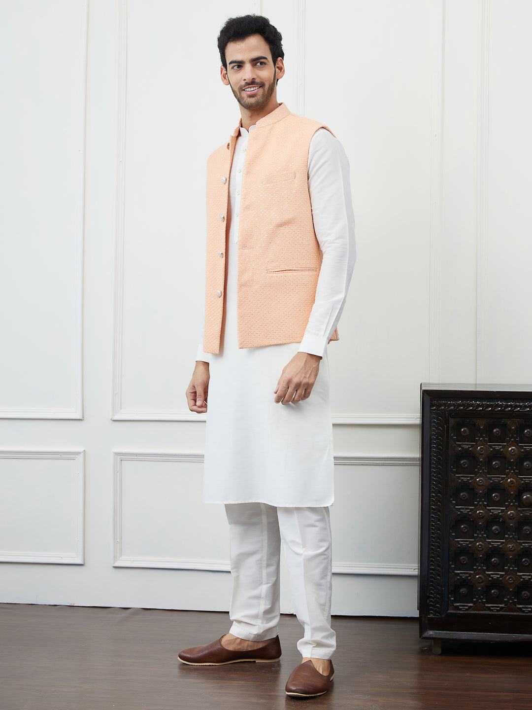 Men Peach Color Woven Design Embroidery With Sequence Cotton Nehru Jacket