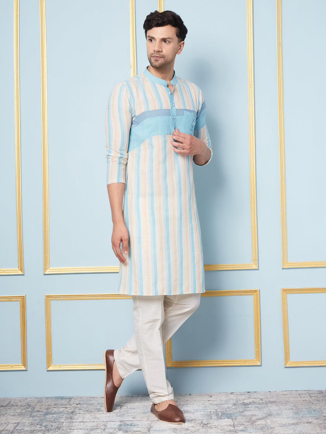 Men Off White and Turquoise Weaving Design Kurta With pyjama