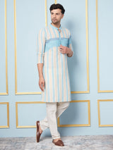 Men Off White and Turquoise Weaving Design Kurta With pyjama