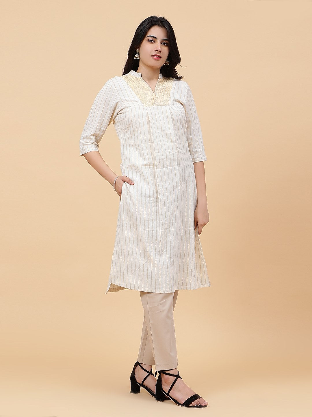 Women Off White And Gold Stripe Thread Work Yoke Design Cotton Kurti