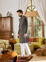 Men Black Cotton Pintex Design Sequins Kurta