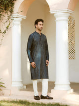 Men Deep Navy Blue with Golden Stripes Chanderi Silk Sequins Kurta With Pajama