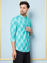 Men Aqua & White Printed Cotton Short Kurta