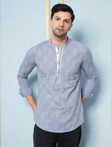 Men Grey & White Printed Cotton Short Kurta