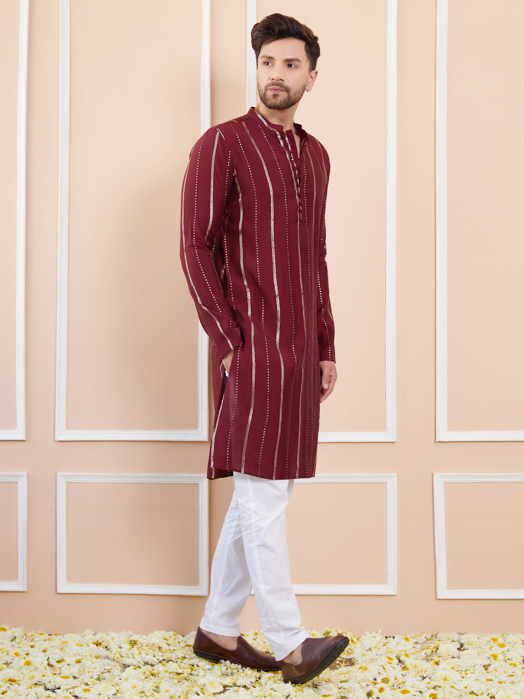 Men Burgundy And Gold Chanderi Silk Sequins Kurta