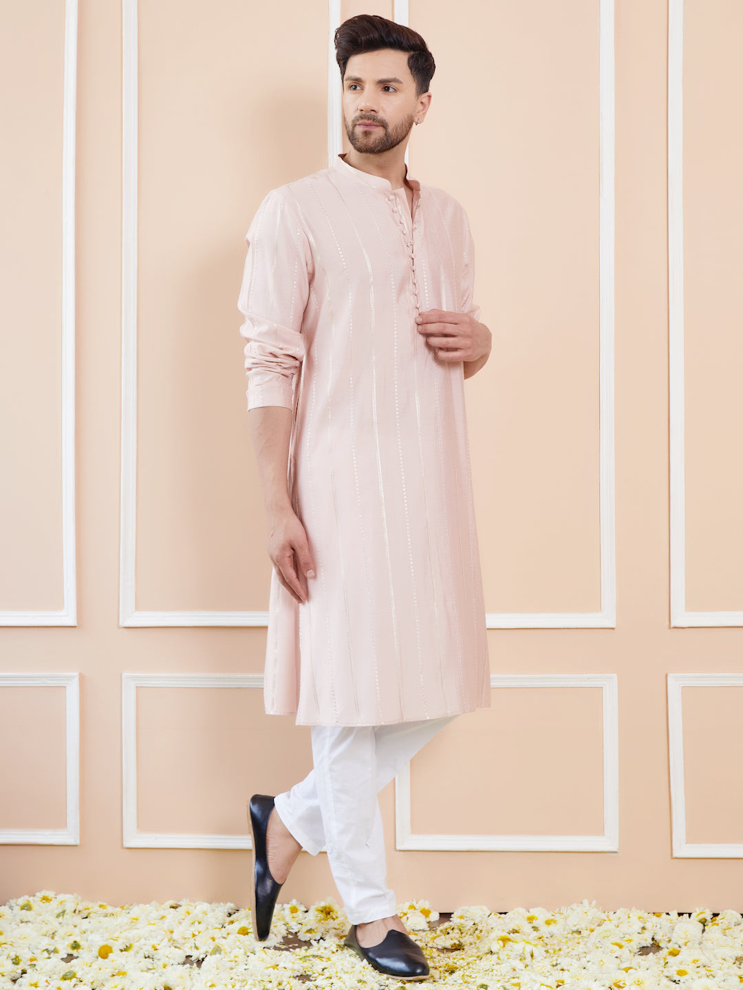 Men Blush Pink Chanderi Silk Sequins Kurta