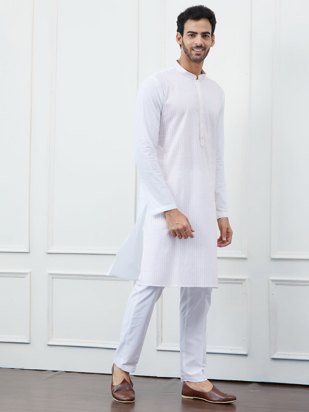 Men White with Subtle Pink Striped Kurta and Pajama