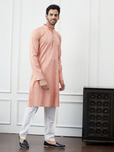 Riwaat.com Men Peach & Gold Thread Work Cotton Kurta Riwaat Thread Work