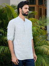 Green Woven Striped Cotton Short Kurta