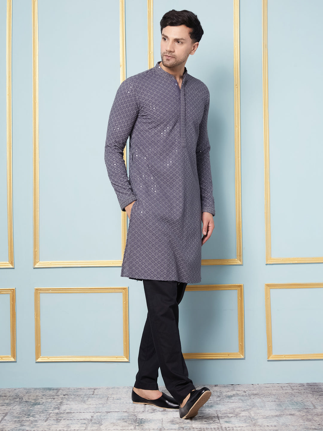 Men Silver Twilight Embroidered Sequined Rayon Kurta