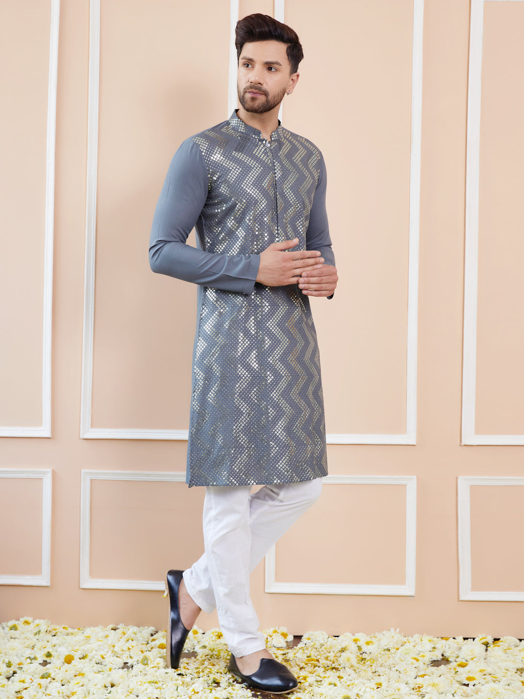 Men Grey And Gold Rayon Embroidery Sequins Kurta