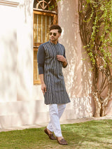 Men Midnight Blue with Stripes Pintex Design Sequins Cotton Kurta With Pajama