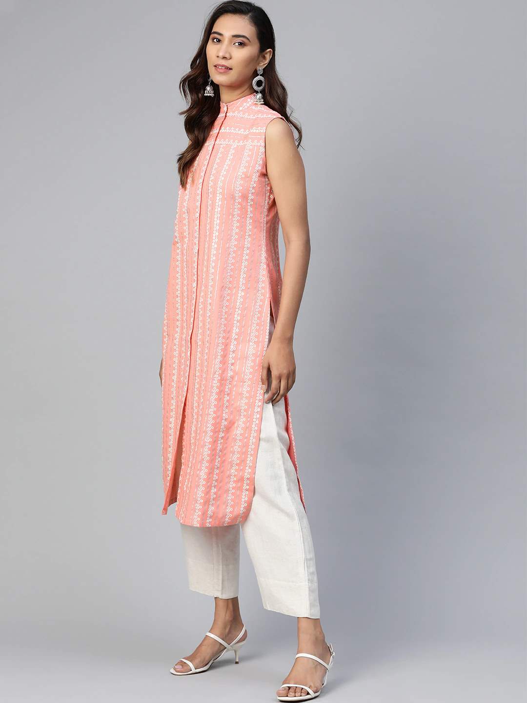 Women Peach & Off-White Khari Print Straight Kurti