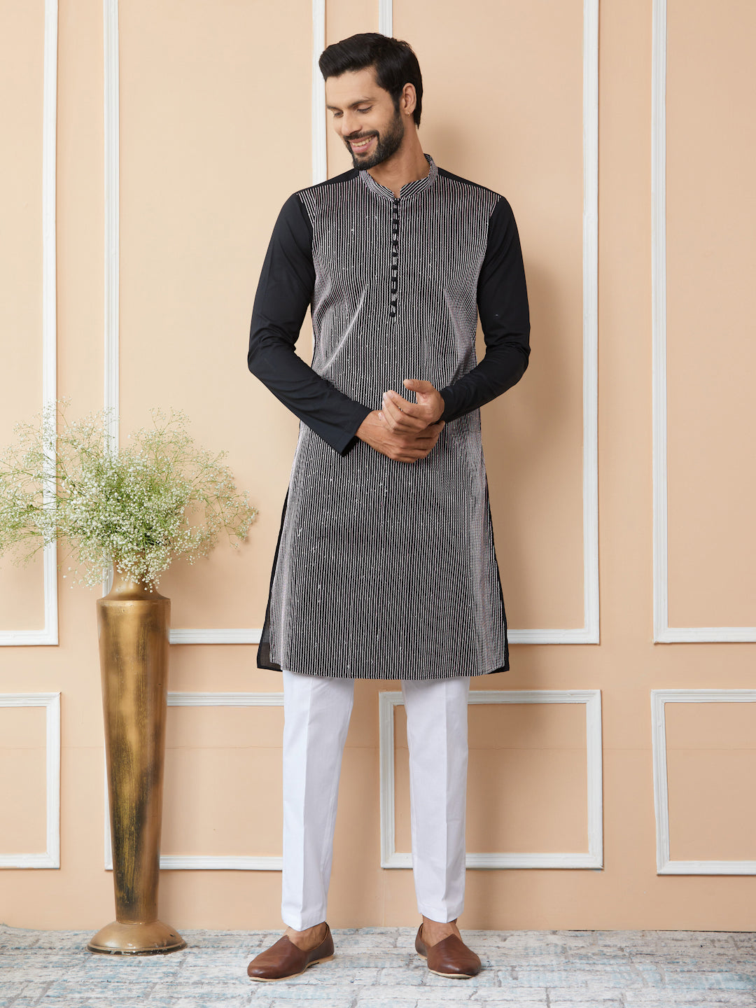Black Thread & Sequins Worked Pure Cotton Straight Kurta with Pyjama