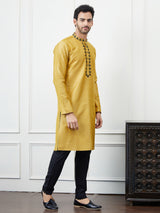 Riwaat.com Men Mustard & Black Embroidery Cotton Kurta Riwaat Embroidered Haldi