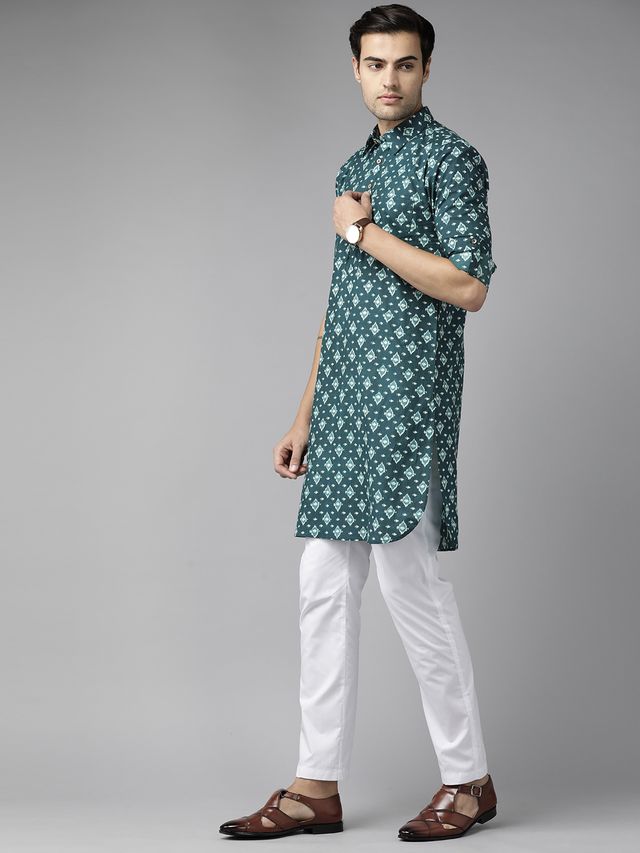 Men Teal Blue Regular Pure Cotton Pathani Printed Men's Kurta