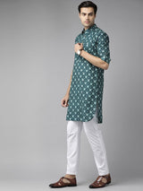 Men Teal Blue Regular Pure Cotton Pathani Printed Men's Kurta