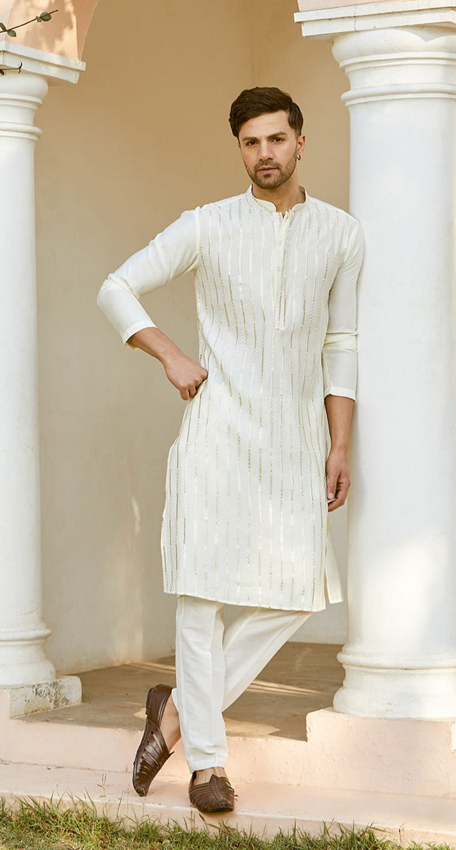 Men Off White And Golden Glimmer Chanderi Silk Sequins Kurta