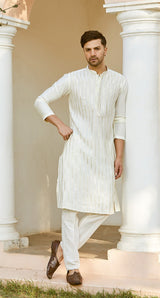 Men Off White And Golden Glimmer Chanderi Silk Sequins Kurta