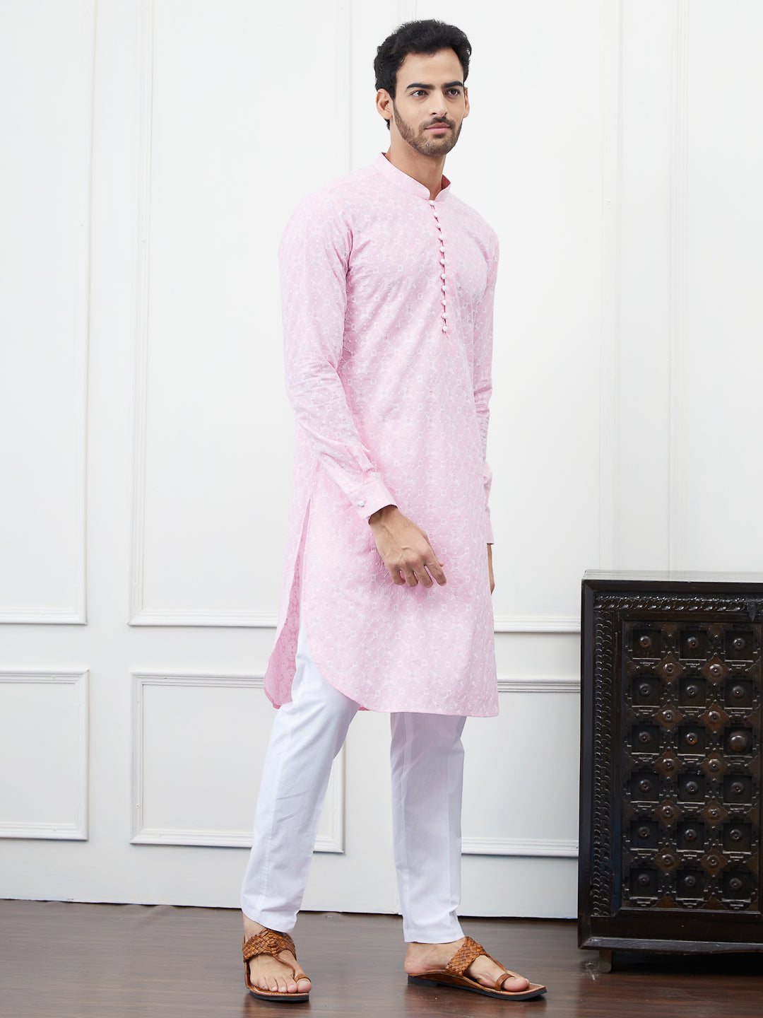 Men Peach Embroidered Cotton Kurta Set