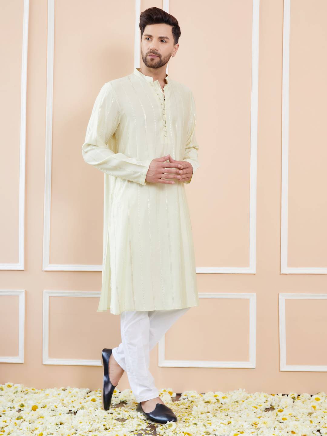 Men Cream with Subtle Gold Shimmer Chanderi Silk Sequins Kurta With Pajama