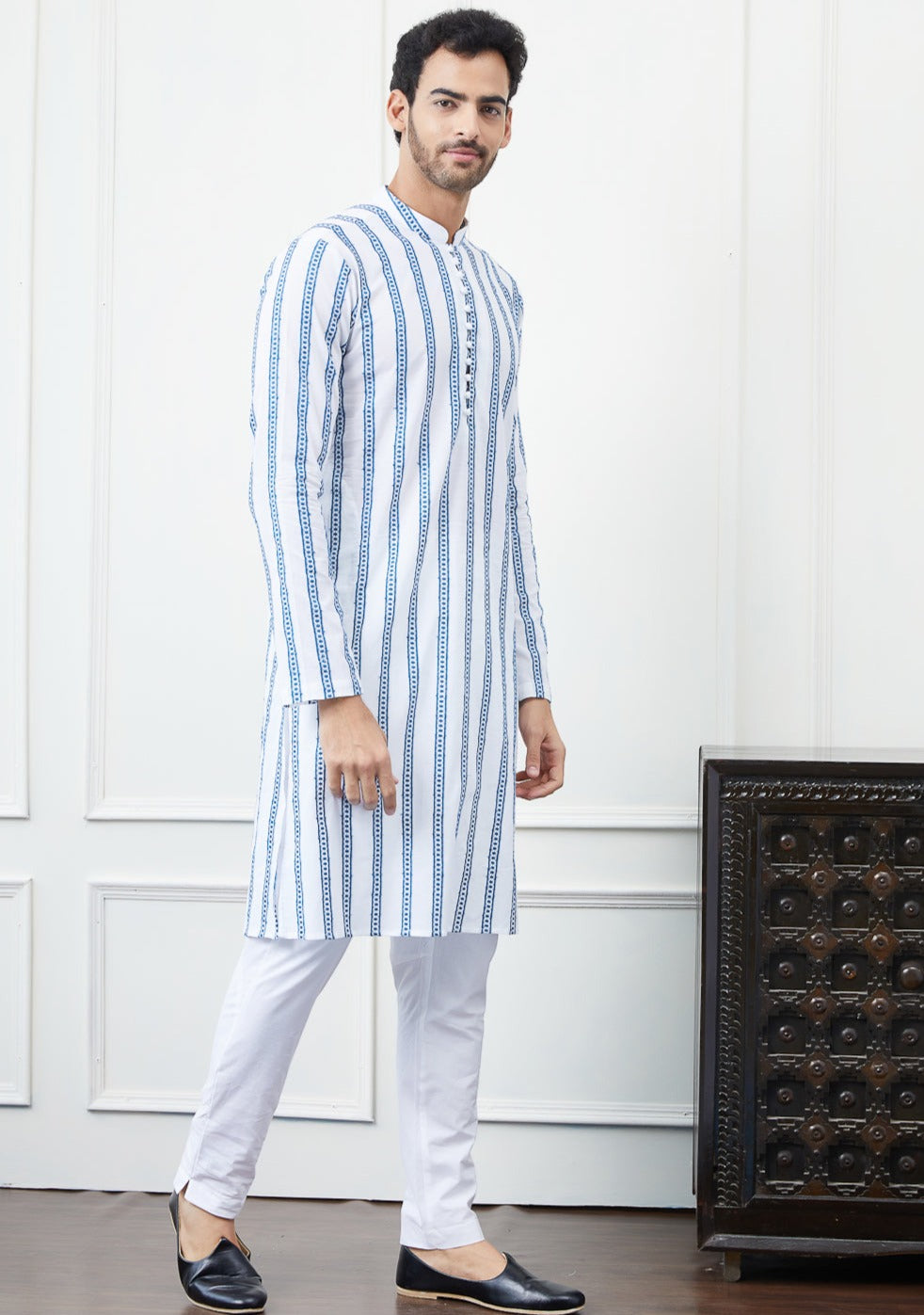 Men White And Blue Sequence Chikankari Embroidered Cotton Kurta