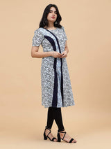 Women White with Navy Blue Printed Cotton Kurti