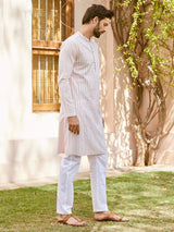 Men Soft Blush Pink with Navy Blue Stripes Pintex Design Sequins Cotton Kurta With Pajama