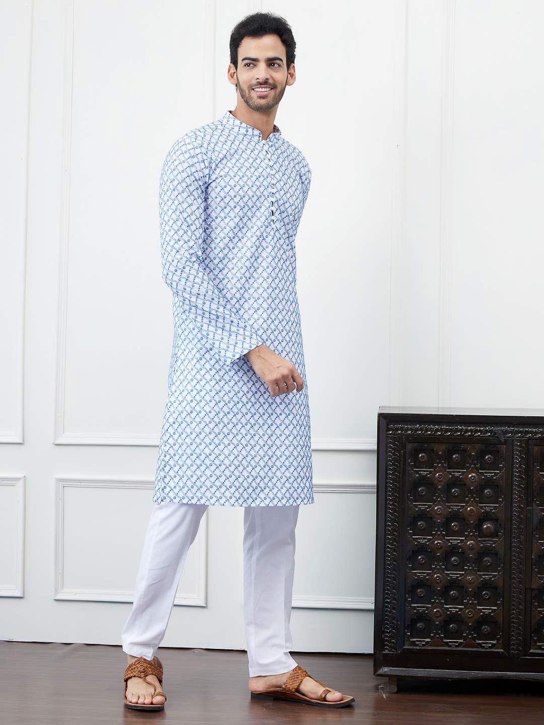 Men White with Blue Mesh Pattern Chikankari Embroidered Cotton Kurta Set