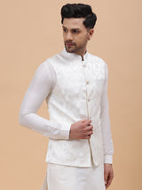 Men Off White & Gold Woven Design Jacquard Nehru Jacket